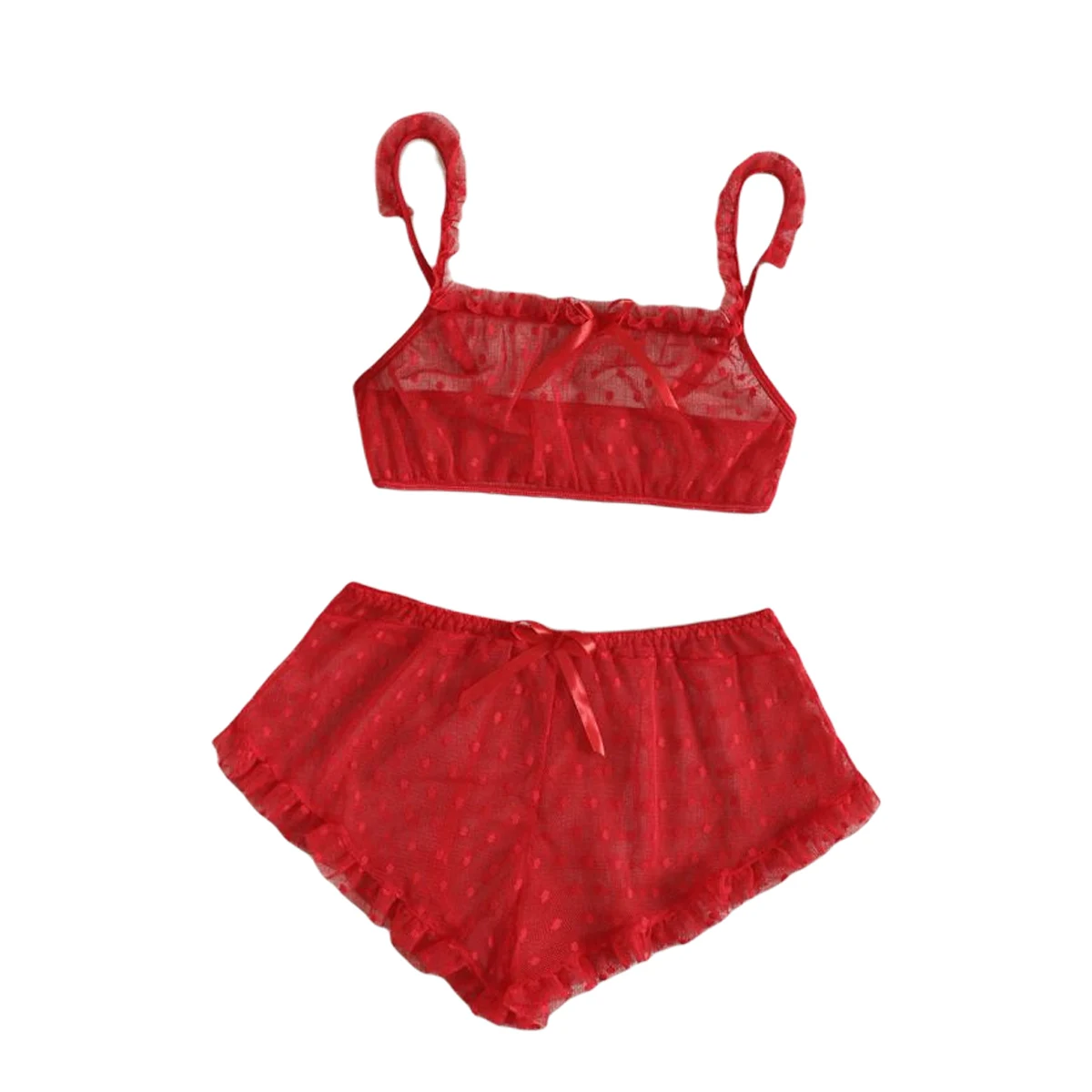 

Women\u2019s Sexy Mesh Perspective Lingerie Set Fashion Solid Color Lace Decor Top and High Waist Panties