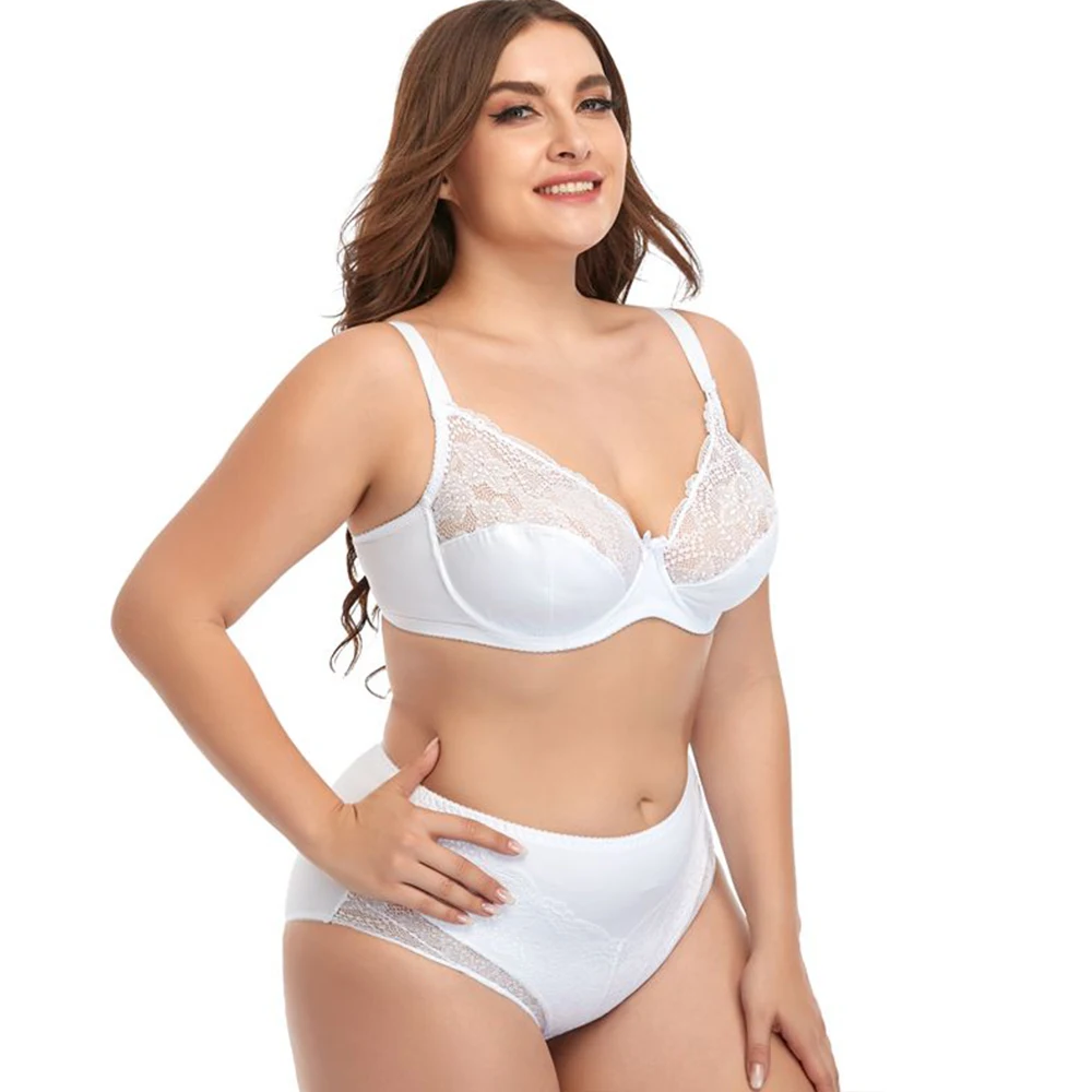 

Unlined Lace Women Bra And Briefs Set Underwire Lingerie Seamless Underwear Mid-Rise Knickers Suit Brassiere Plus Size 38-54