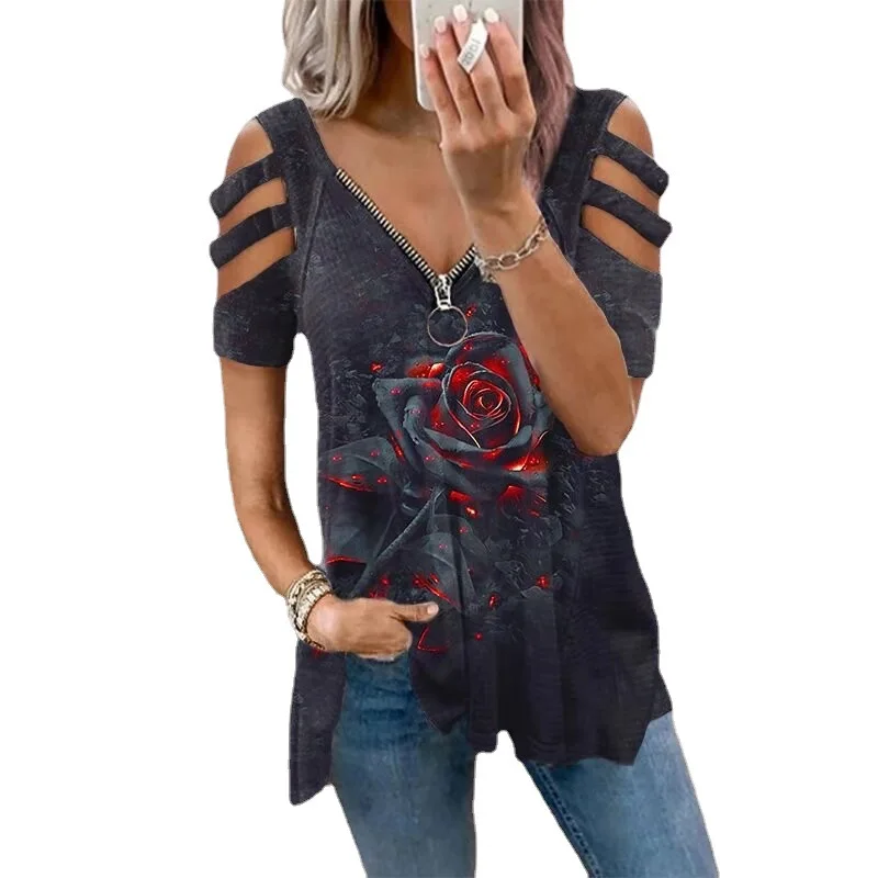 

2021 Women's New Printed Hollow Short Sleeve Zipper V-neck Women's T-shirt