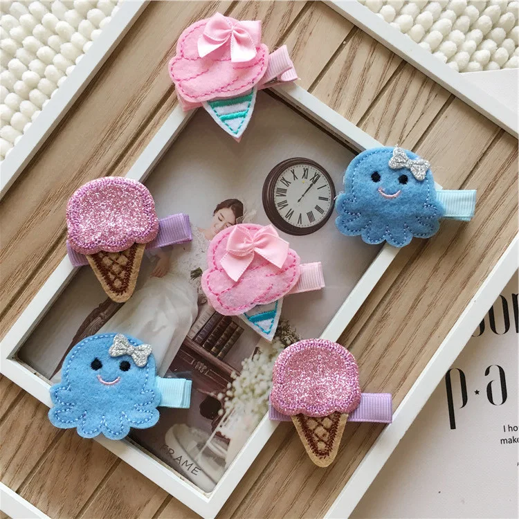 

12pcs ins Fashion Cute Felt Icecream Hairpins Solid Glitter Bow Octopus Hair Clips Princess Headwear Boutique Hair Accessories