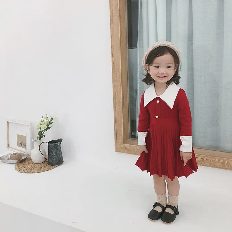 Осеннее трикотажное плиссированное платье с длинными рукавами для девочек