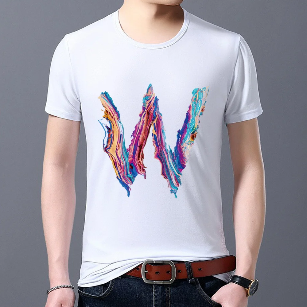 

Fashion Slim T-shirt All-match Men's Print English 26 English W Letter Paint Series Commuter Party Round Neck Men's Soft Top