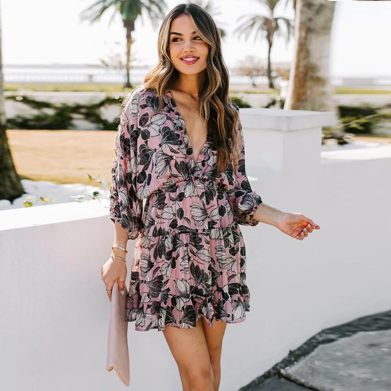 

Women’s Casual Long Sleeve Dress Vintage Flower Print V-neck Tie-up Backless Ruffles Dress