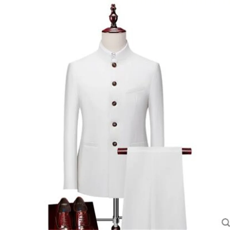 

Белый мужской китайский костюм-туника с воротником-стойкой, приталенные модные корейские Молодежные блейзеры, мужское платье для выступлений, куртка, ская одежда