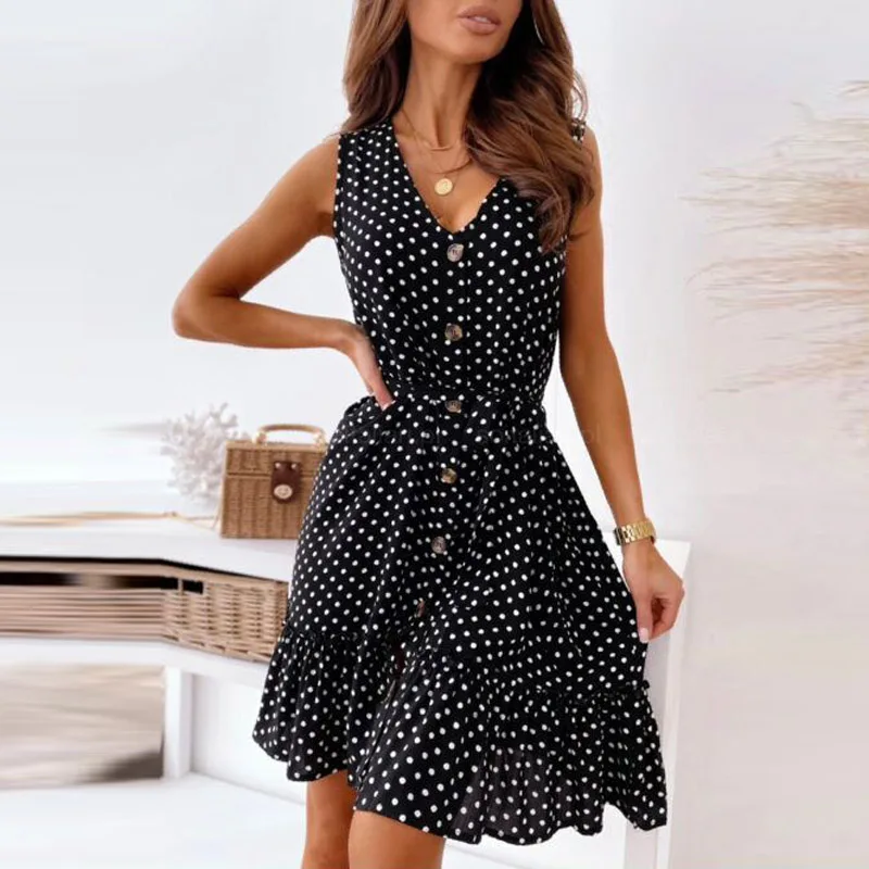 

2021 Sexy V Neck Slim Waist Button Party Dress Summer Office Lady Polka Dot Print Dress Women Fashion Tie-Up Belted Ruffle Dress