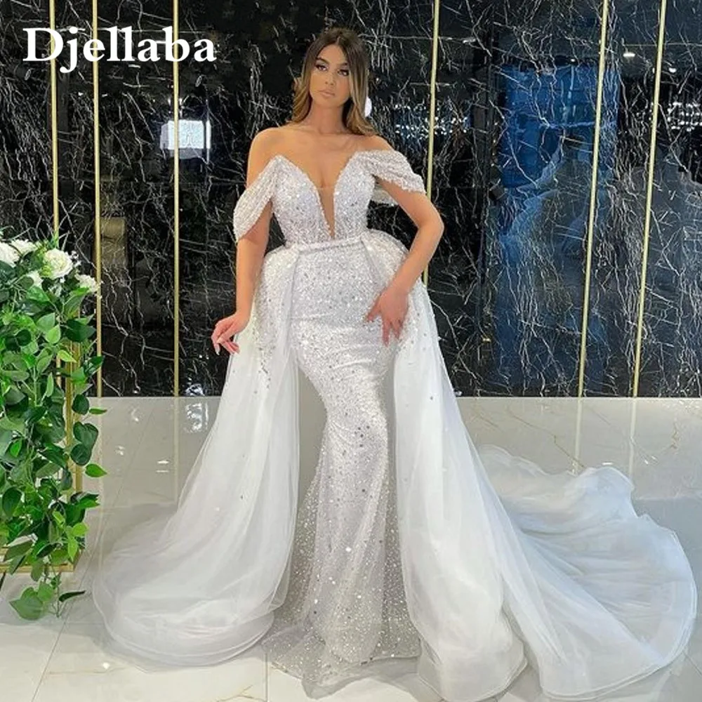 

Glitter Saudi Arabic Evening Dresses With Detachable Skirt Off Shoulder Dubai Kaftans Prom Dress Middle East Beading Party Gowns