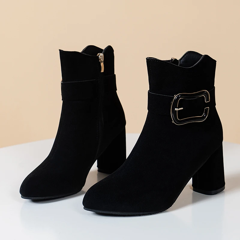 

Женские ботильоны из коровьей замши, черные ботинки на платформе и высоком каблуке с круглым носком, обувь для вечеринки, Осень-зима 2022