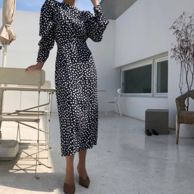 

GOOHOJIO 2020 Qutumn Vintage Floral Print Dress Women Long Sleeve Long Dress Ladies O-neck High Waist Temperament Dresses Women