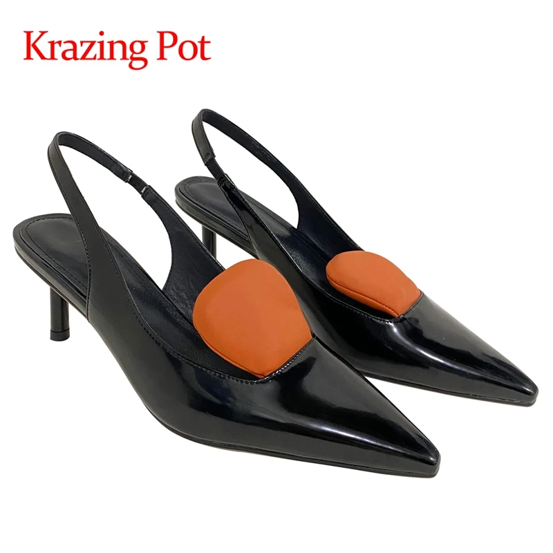 

Krazing pot summer genuine leather pointed toe high heels mixed colors mature young lady dress slip on mules sandals women L34