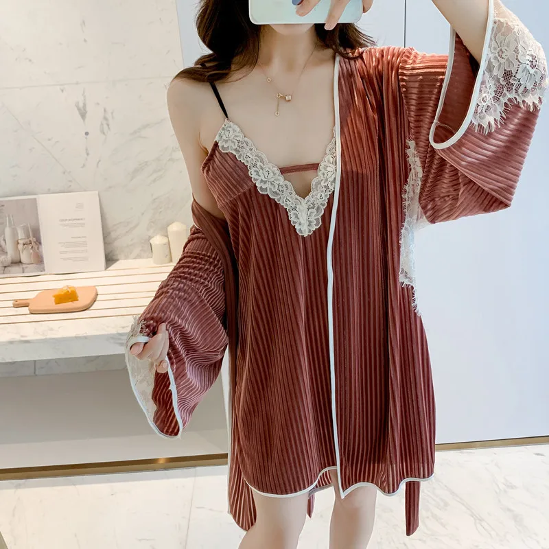 

Autumn 2PCS Lace Trim Women Nightwear Loose Kimono Bathrobe Gown Velour Home Clothing Winter Warm Intimate Lingerie Sleepwear