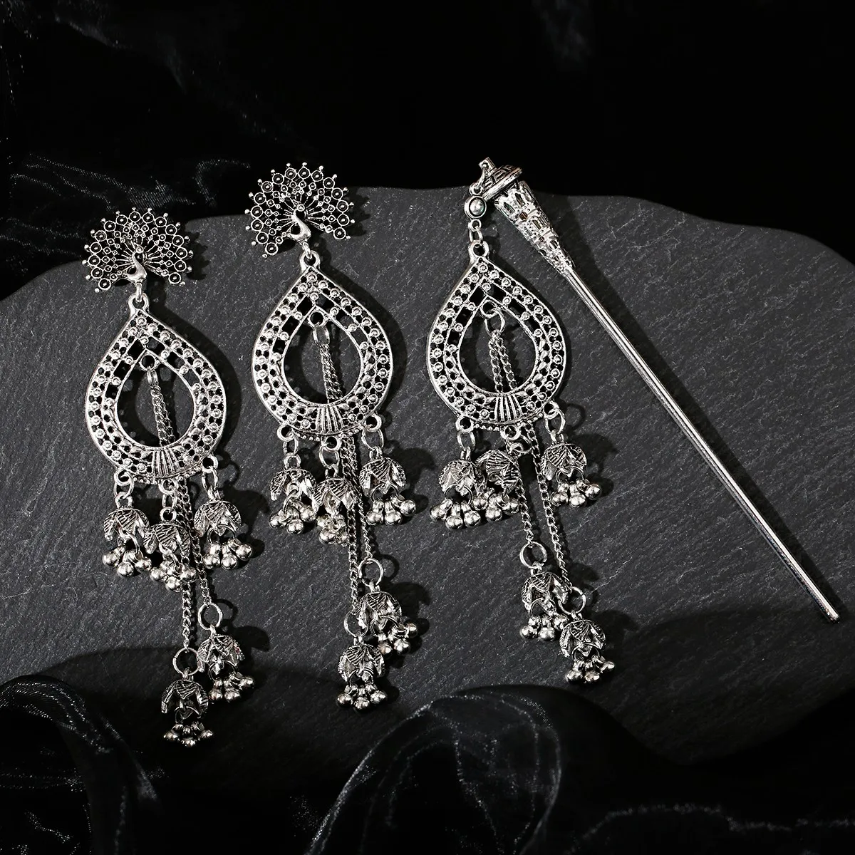 

Jhumka Earring&Hairpins Set Gypsy Tassel Earrings Peacock Vintage Hair Sticks For Hair Accessories Women Jewelry New Year Gift