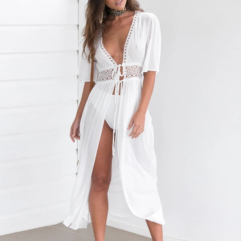 Летний кружевной длинный кардиган со шнуровкой и шалью купальный костюм Женская