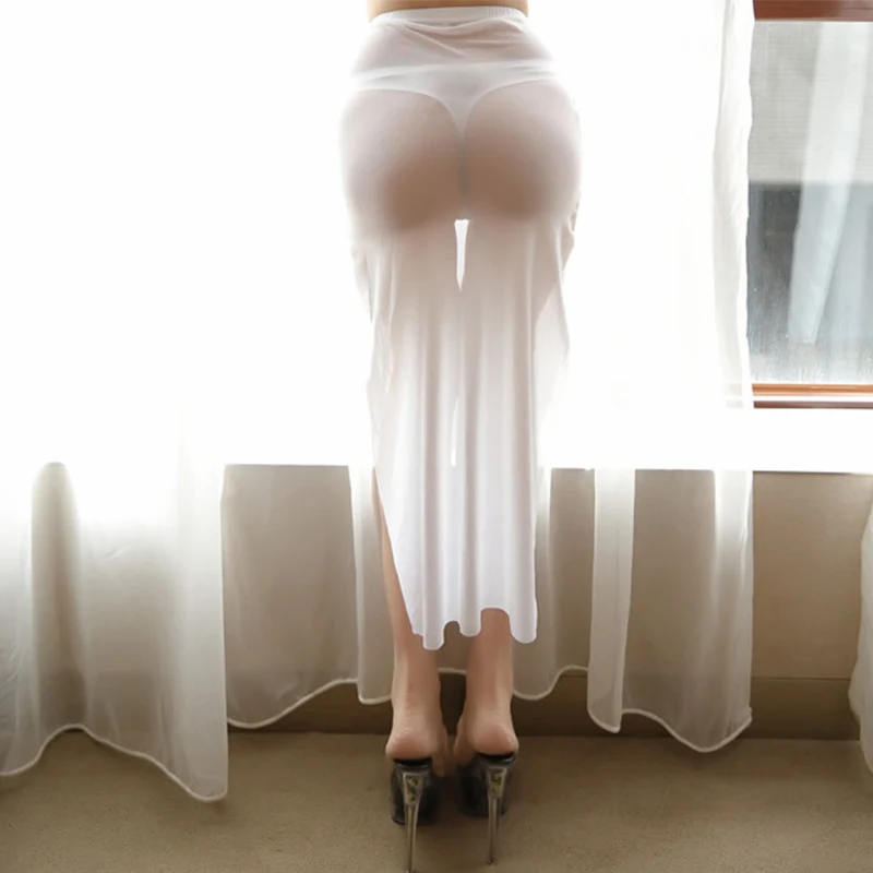 White Skirt Сексуальная прозрачная юбка для женщин из гладкого ледяного шелка, Прозрачная Юбка с высоким вырезом, Клубное платье, Фантазийная эротическая одежда - Цвет: White Skirt