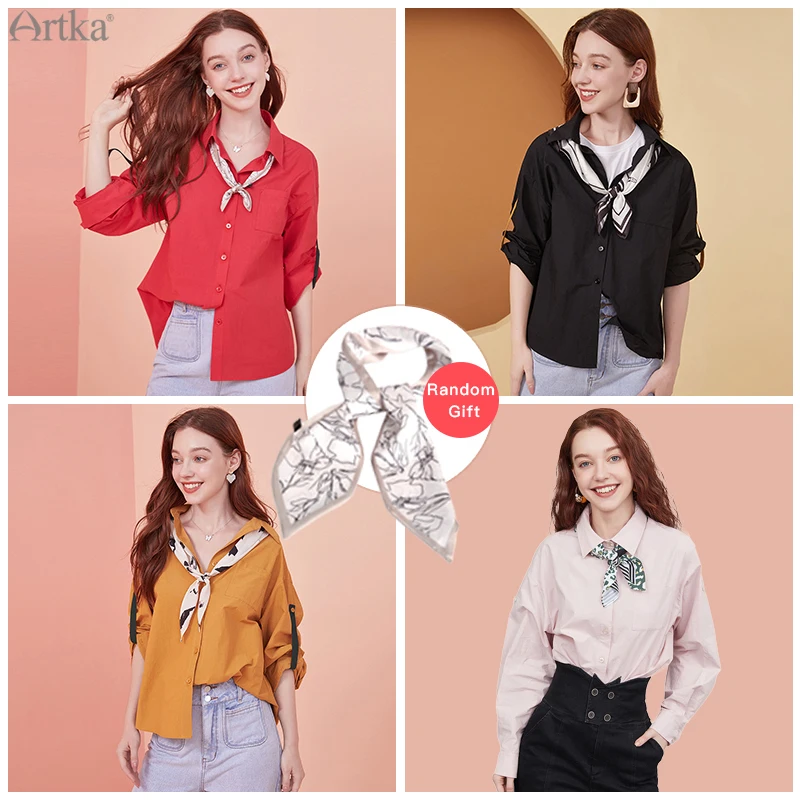 ARTKA 2020 Early Autumn New Women Blouses Fashion 4 Colors Pure Cotton Shirt Loose Casual Long Sleeve Shirts Free Gift SA25009Q