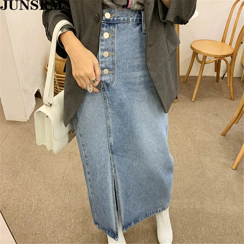 

High Waist Side Four Buttons Side Spilt Straight Skirt For Women Fashion Streetwear Korean Chic Blue Skirt Summer Skirts 2020
