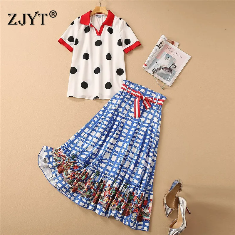 

Runway Summer Holiday Two Piece Set Women Print Suit Short Sleeve Dot Top and Midi Skirt Casual Female Outfits