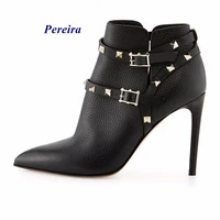 pointed toe rivet ankle boots thin heel metal boots buckle strap hot sale boots black grown leopard new fashion women boots
