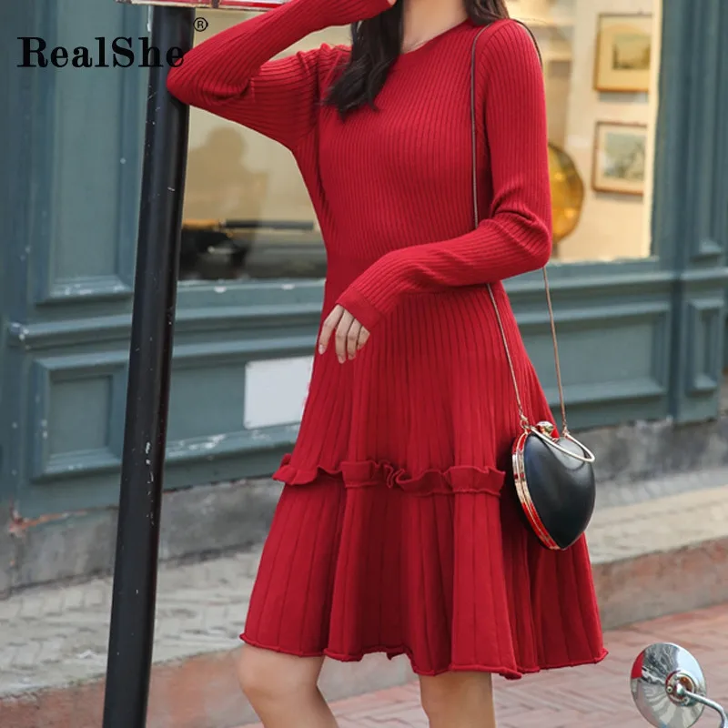 RealShe Winter Sweater Women O-Neck Full Sleeve Ruffles Solid Knitted Dress Mini Female Autumn Pullover | Женская одежда