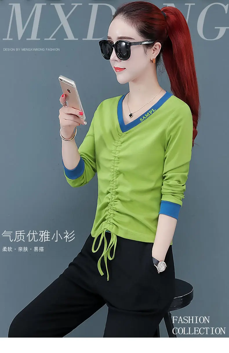 

Long sleeve t-shirt female 2021 new spring and autumn fashion drawstring slim fit short top shows thin V-neck Women's T-shirt