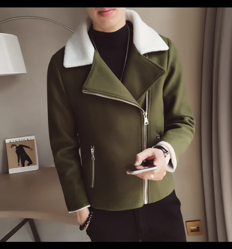 2021 Winter Warm Short Wool Coat Korean Slim Fit Lamb Collar Jacket Men Casual Trend Green Black Youth | Мужская одежда