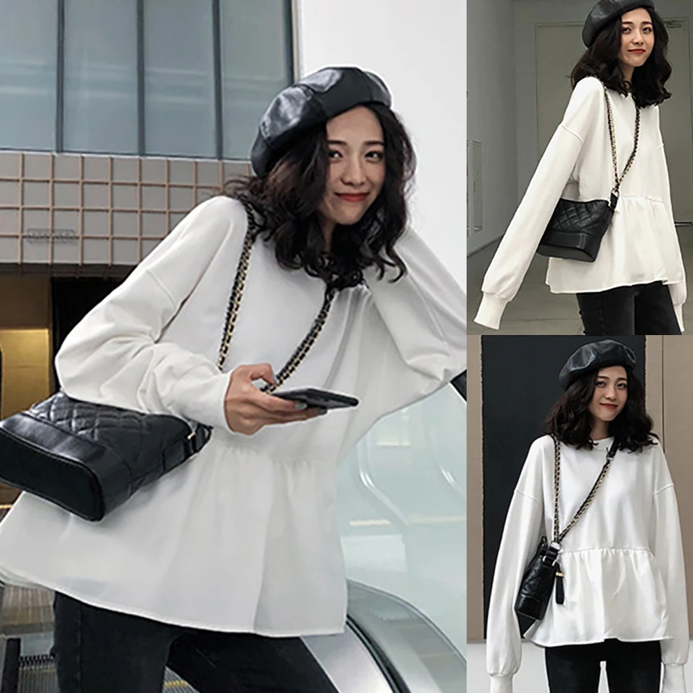 sweatshirt women vintage Solid Color Blouse Long Sleeve O Neck Large Hem Loose sweatshirt Pullover Women's Clothing xxl
