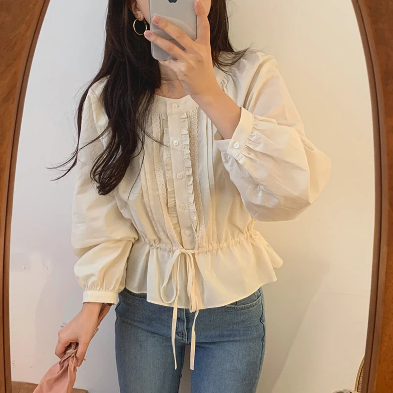 

Осенне-зимние женские топы с длинным рукавом, однобортные дамские блузки в Корейском стиле с оборками и кулиской, винтажные женские блузки