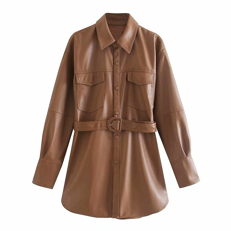 

Vogue Vintage Woman PU Sashes Shirt Jacket Pop Fashion Ladies Autumn Brown TurnDown Collar Outerwear Female Casual Long Coats