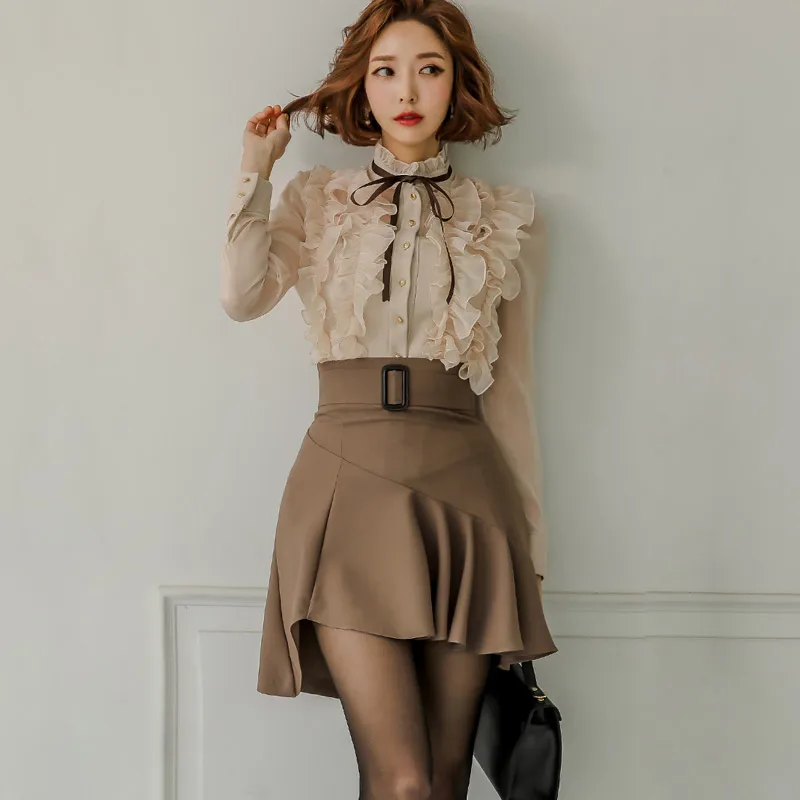 

Two-piece Sets Slim Stand Collar Thin Ruffles Blouose Shirt + Mini High Waist Skirts Suit Set Women 2 Piece Outfits TA7760