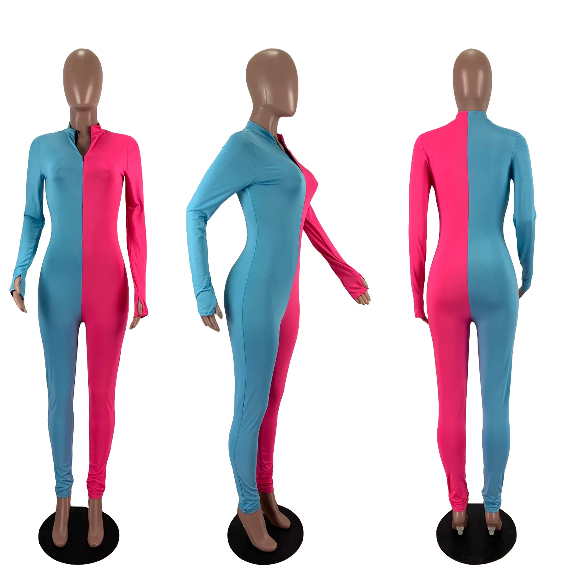

Echoine Patchwork Print Zipper Playsuit Women Long Sleeve Sexy Bodycon Fitness Club Outfits Skinny Jumpsuit Streetwear Rompers