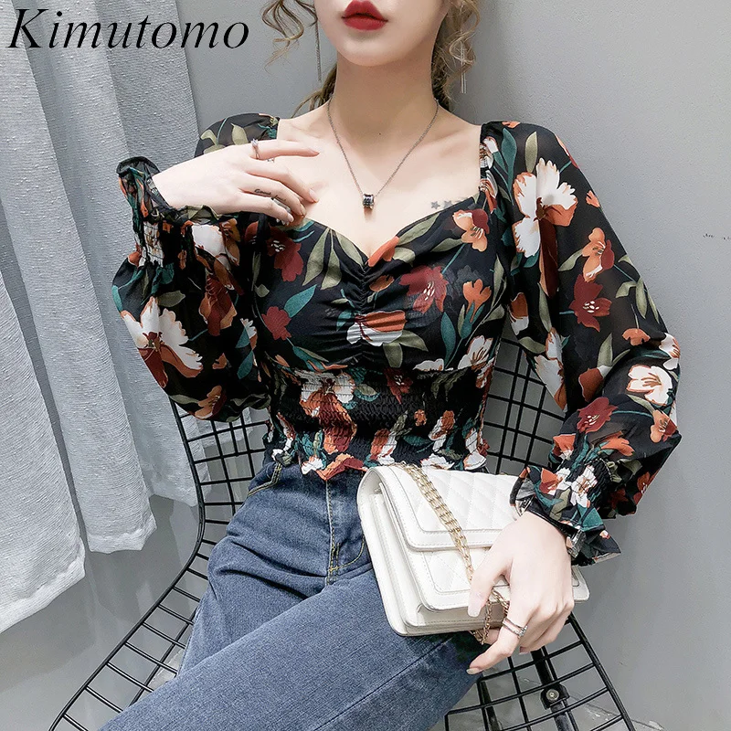 

Kimutomo, винтажная шифоновая рубашка с цветочным рисунком, женская короткая блузка в гонконгском стиле на весну, 2021