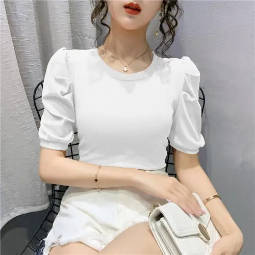 

Fashion Cotton T Shirt Women Summer 2021 Puff Sleeve Plus Size Sexy Crop Tops Casual Tees Slim Fit Female Tshirts Harajuku 213