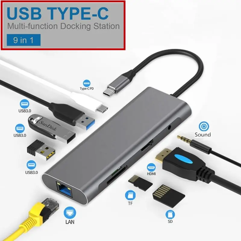 USB 3 0 SD TF LAN VGA 5 мм аудио PD высокоскоростной зарядки для MacBook Huawei Xiaomi smartphone Type C
