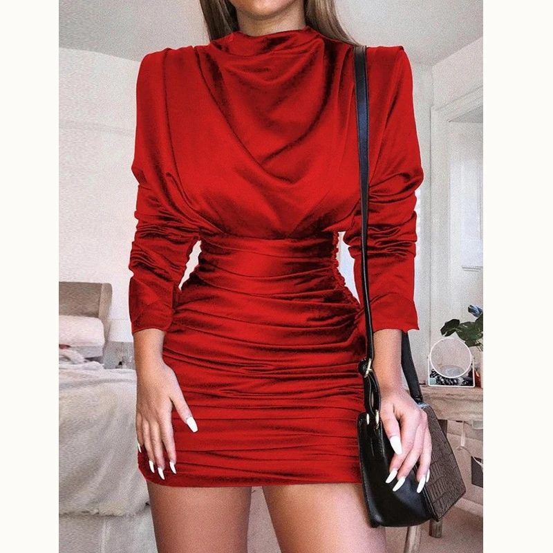 

Kayotuas Women Dress Satin Turtleneck Mini Casual Long Sleeve Pleated Autumn Sexy Bodycon Winter Short Party Hot Clubwear