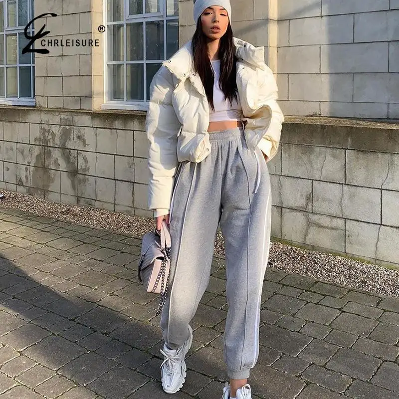 Повседневные серые брюки для женщин Свободные в полоску сбоку Осенние с высокой