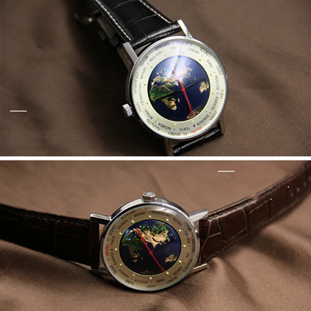 

Luxury Men Watches 3D Embossed Dial Quartz Wristwatch Fashion Multiple Time Zone Designer Personality Earth Watch Mens New 2020