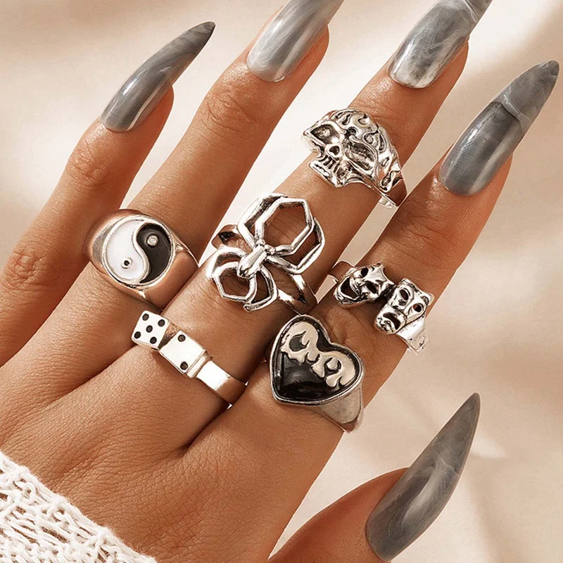 6pcs/set Vintage Silver Plated Spider Skull Ringfor Womens Gothic Punk Steampunk Heart Ring Sets Party Jewelry