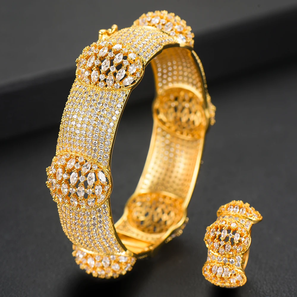 

Brand New Luxury Ginkgo Nigeria Bangle Ring Set Jewelry Set For Women Wedding Cubic Zircon Crystal CZ Dubai Bridal Jewelry Set