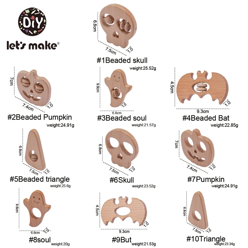 Let's Make-mordedor de madera de haya para beb&eacute;s, juguetes de Halloween, Cr&aacute;neo de calabaza, C&iacute;rculo de dentici&oacute;n, mordedores de madera para reci&eacute;n nacidos, DIY, 5 uds.-0