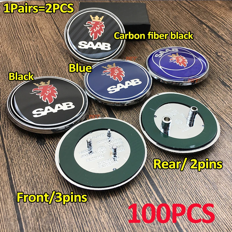 

100PCS/pair Car emblem Logo Badge For SAAB 9-3 9-5 93 95 BJ SCS 68mm 2pins/3pins 68mm Auto Front Bonnet Rear Boot badge Car Caps