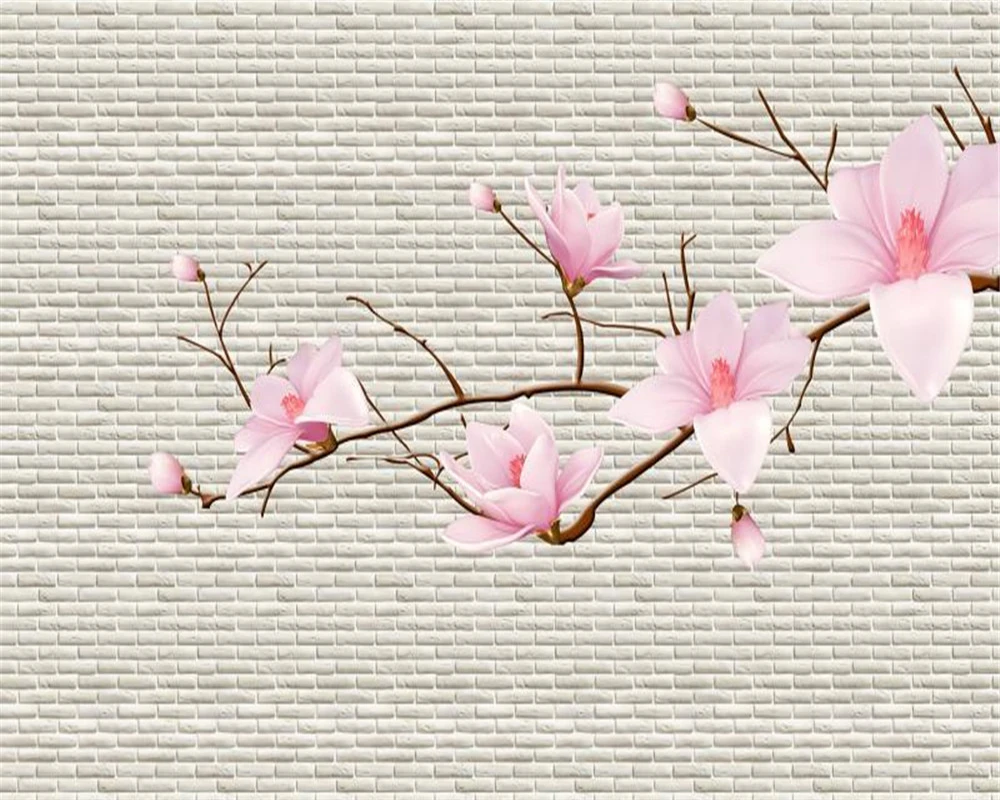 

Custom 3d Flower Wallpaper Pink Magnolia Flower Vintage Brick Wall Premium Atmospheric Interior Decoration Wallpaper