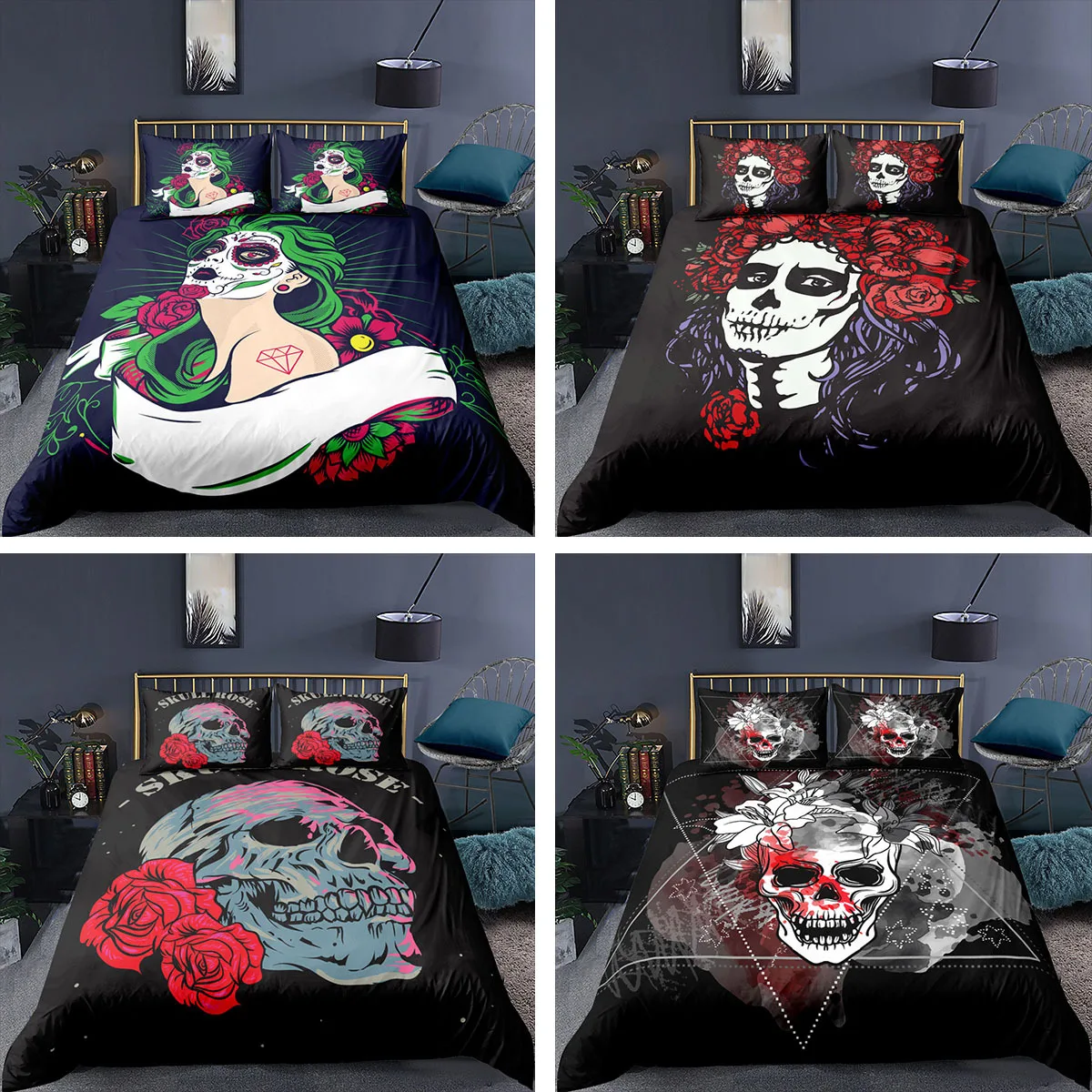 Комплект постельного белья с 3d изображением черепа рисунком акварели розы