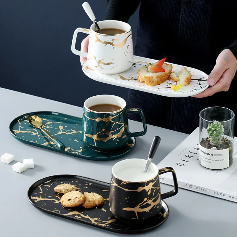 

3pc/Set Nordic Marble Ceramic Milk Cup Coffee Mup Creative Saucer BTS Breakfast Plate Afternoon Tea Generous Set Dessert Plate D