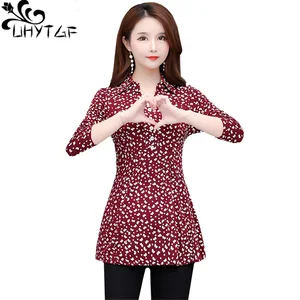 UHYTGF 2020 женские шифоновые блузки с длинным рукавом V-образным вырезом тонкая весенняя рубашка женская в горошек мягкая 5XL размера плюс Топ рубашка Женская 1001