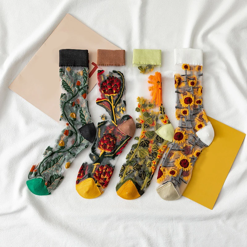 

Breathable Socks Embroider Floral Women's Socks Lace Thin Transparent Tube Socks Trendy Flower Print Glass Yarn Long Socks Mesh