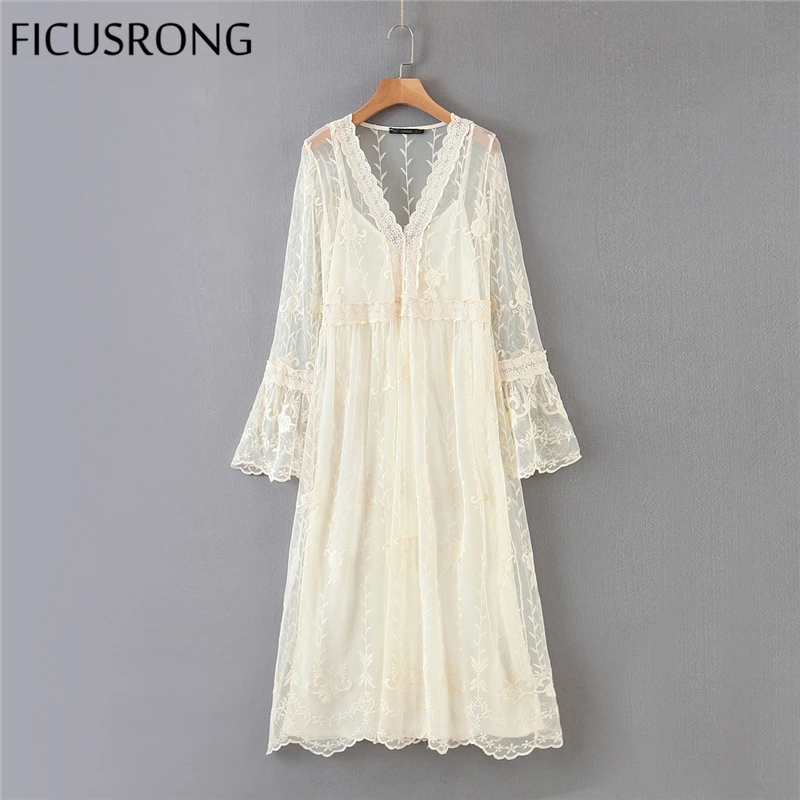 

summer ladies 2021 new style V-neck lace embroidery dress temperament loose chic long women dress