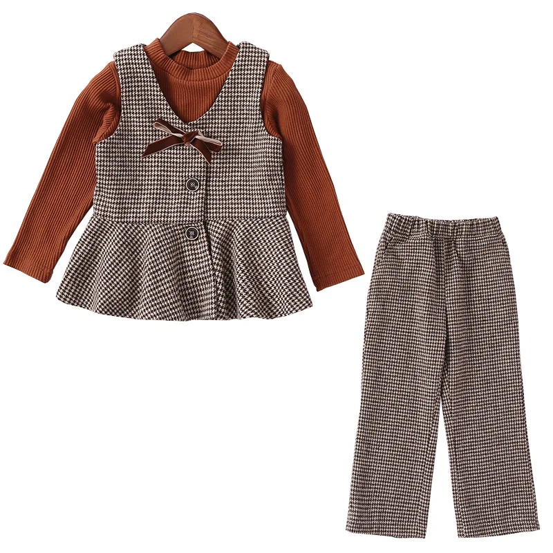 Детская одежда весенне-осенний клетчатый жилет футболка и брюки модный костюм