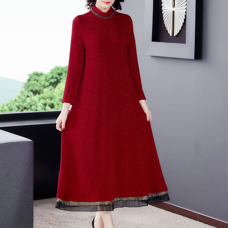 

Special Sales 2020 Autumn New Women's Black Knitted Long-sleeved Dress Elegant Elegant Long Dress Large Size