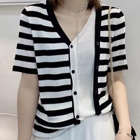 ropa de moda mujer 2021 new moda coreana v neck kawaii single breasted knitted stripe black white patchwork top woman t shirts