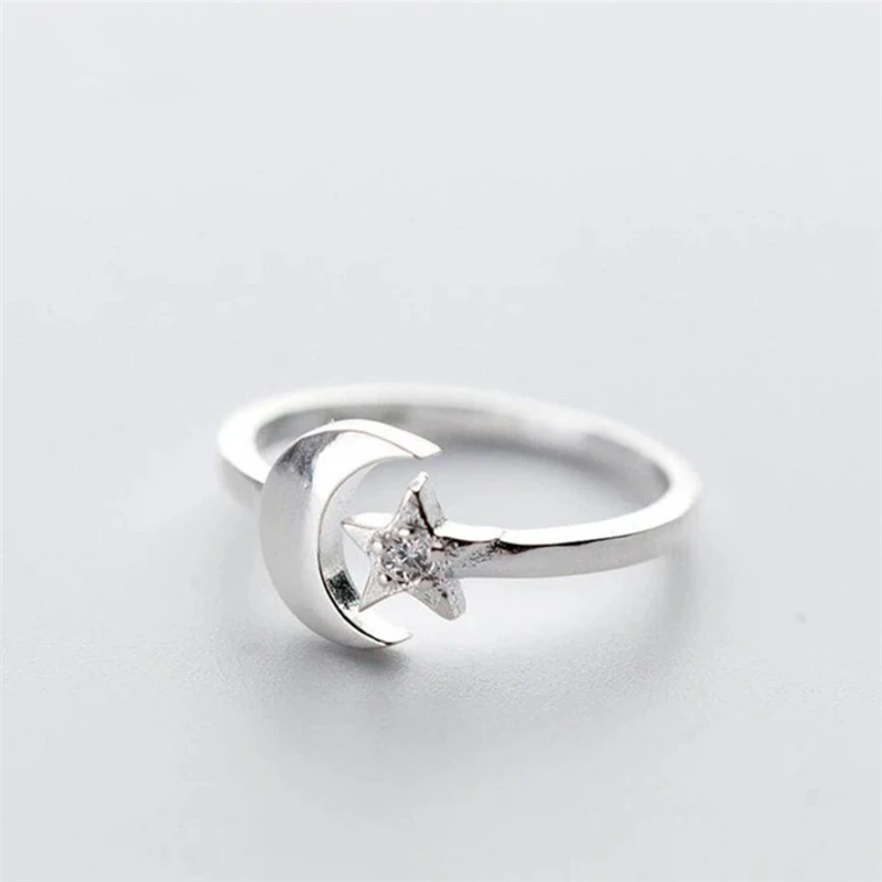 

Sole Memory Cute Shiny Moon Stars Silver Color Female Resizable Opening Rings SRI946