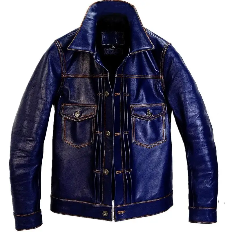 

Autumn 100% Men Real Coat Clothes New Streetwear Genuine Cow Leather Jacket Blue Mens Fit Moto Biker Coats |203202170766
